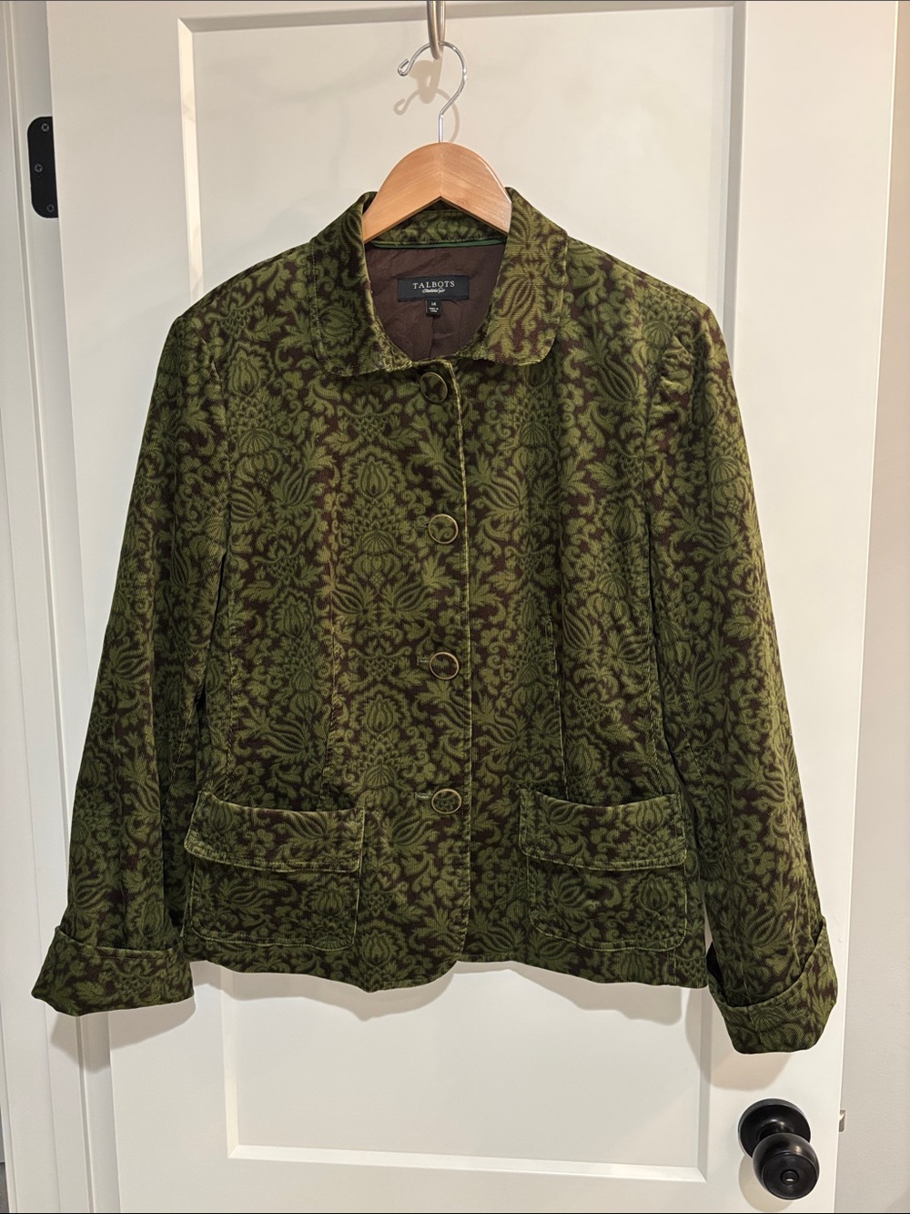 Talbots Olive Green Damask Corduroy Button Blazer/Jacket
